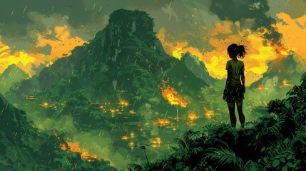 A beautifully rendered image of a young girl standing on a mountain top, overlooking a volcano in the distance. 