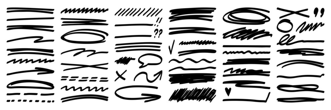 Hand drawn strikethrough and squiggles lines asset. Crosses, curved and trendy scribble brush strokes. Isolated vector illustration.