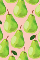 A seamless pattern with digital illustration of pears, their vibrant green hues against pastel pink background. Minimal aesthetic. Summer vibe.