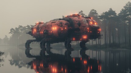 A large red spaceship is seen floating in the water, surrounded by trees. The spaceship appears to be broken down, and there are orange lights illuminating it.