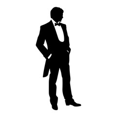 A silhouette of a man wearing a tuxedo, standing with his hands in his pockets