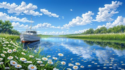 A boat is floating on a calm lake, surrounded by a field of flowers. The scene is serene and picturesque, with the boat providing a focal point in the image.