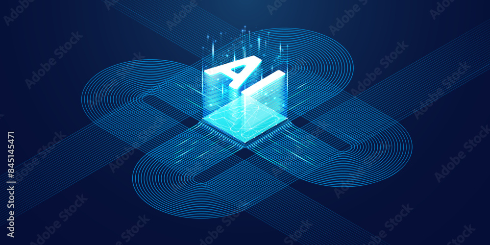 Poster Abstract digital technology background. Isometric AI chip with AI hologram with circuit tech bg. Connected lines electric lightning. Bright light neon blue quantum CPU processor. Vector illustration.
