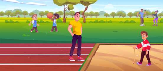 Teen boy tries to kick ant out of sand pit for long jump while trainer or father stands nearby in public park or stadium. Cartoon vector sport activity and insect care concept on summer day.