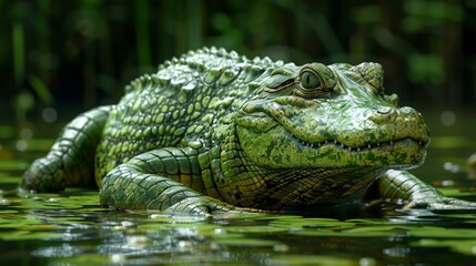 A large green alligator is laying in a swamp, surrounded by water and plants. The alligator is looking directly at the camera, with its mouth open and eyes focused on the viewer.