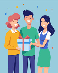 A young couple excitedly presents their gift to a friend knowing they got it at a fraction of the original price during a sale.. Vector illustration