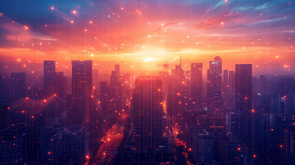 Fototapeta premium A city skyline at twilight with a visible digital network overlay, showcasing connectivity and technology, generative ai