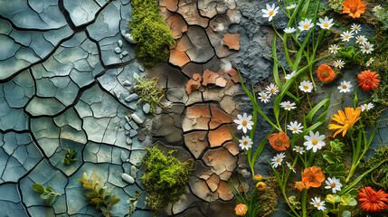 Artistic collage blending cracked earth, vibrant flowers, moss, and snowflakes in a textured, imaginative design, generative ai