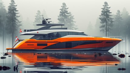 An orange and black boat is floating on the water, surrounded by trees. The boat appears to be a speed boat or yacht, and it is sitting in the water near the shore.