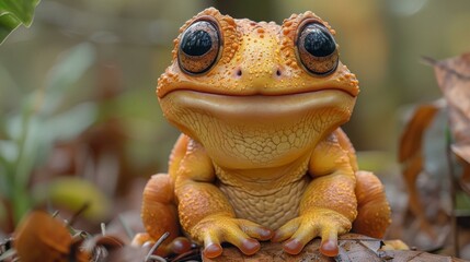 A close up of a yellow and orange frog with large eyes, sitting on a branch. The frog has a big mouth and is staring at the camera.