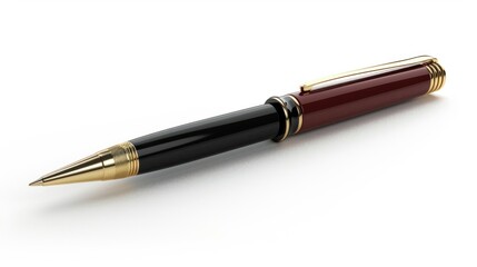 Elegant writing pen with gold tip writes on white paper. separated from the white background