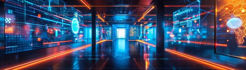 Futuristic science environment featuring sleek holographic displays, neon accents, and abstract geometric elements.