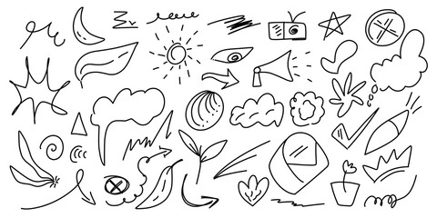 Lines doodle art collection. Line art of arrows, circles, curves, check mark isolated on white background for infographic or template design.