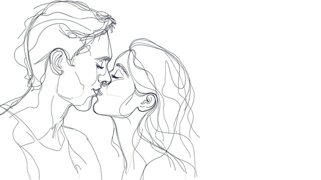 Capture the essence of International and National Kissing Day with a cute lovers' kiss depicted in a one-line drawing on a white background, leaving ample empty space for your message