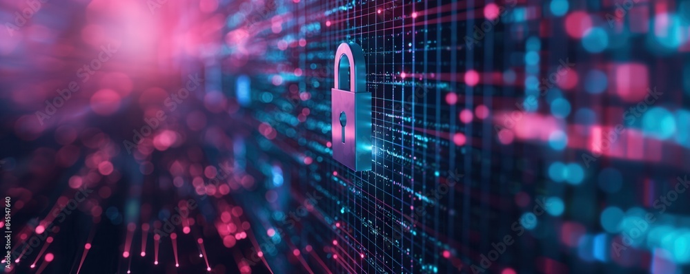 Poster digital lock representing security front view blurred technology background cybernetic