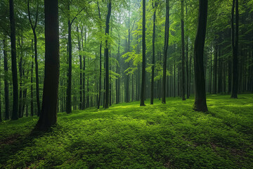 Obraz premium Sunlight streaming through a dense forest, illuminating the lush green undergrowth. Nature and tranquility concept. Design for wallpaper, environmental poster ,gennerlative ai
