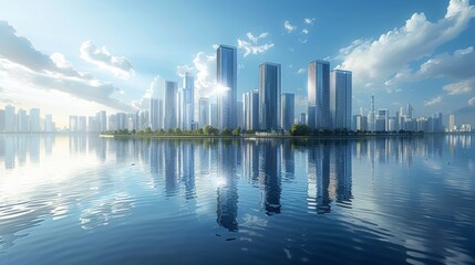 Fototapeta premium Vibrant Urban Skyline: High Detail Glass Buildings in Modern Cityscape under Bright Blue Sky