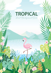 Pink flamingo on tropical forest background with sky and mountains. Vector illustration for poster and banner. © negoworks