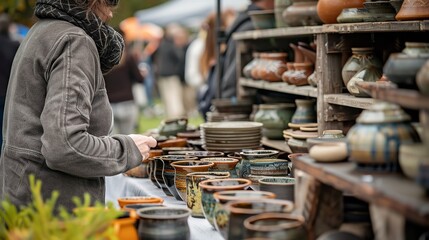 A person at an art and craft festival admiring a piece of homemade ceramics, Generative AI.