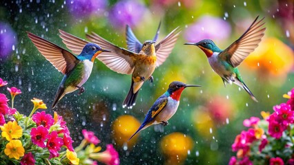 Fototapeta premium Colorful humming bird are flying near flowers and pecking at water droplets falling from beautiful wild flowers pollen.