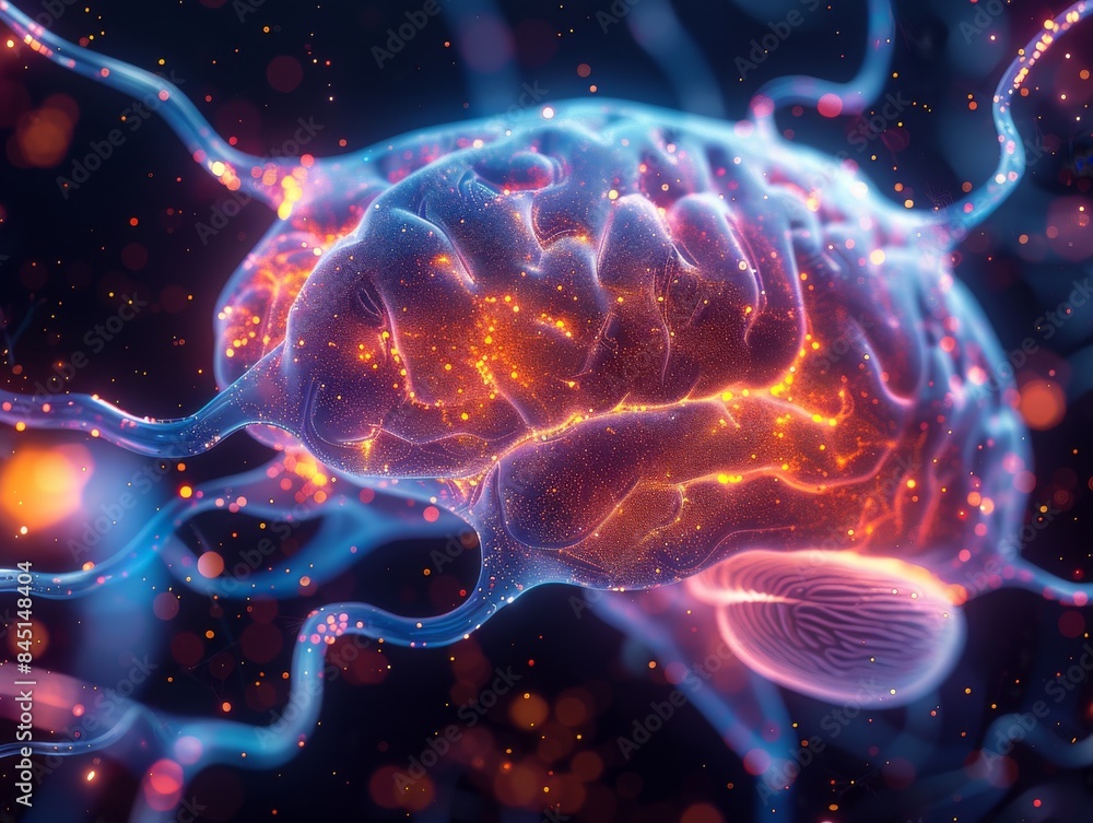 Poster illuminated ai brain: digital art of glowing neural connections in vibrant colors on high-tech dark 
