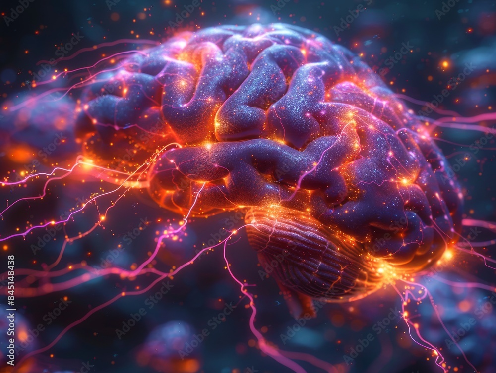 Poster illuminated ai brain network - abstract digital art with glowing neural connections on dark backgrou