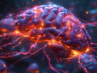 Illuminated AI Brain Network - Abstract Digital Art with Glowing Neural Connections on Dark Background