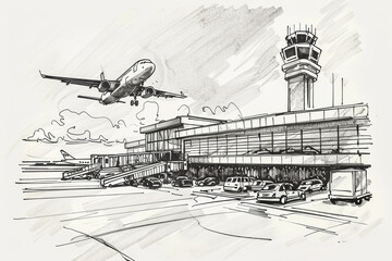 Hand Drawn Airport.  Generated image.  A digital illustration of a hand drawn airport terminal.