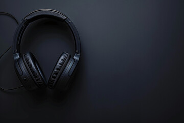 Black wireless headphones over dark background with copy space