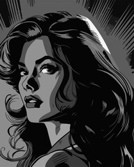 portrait of a woman, pop art, girl, vector art, comic shading, colorful, neon highlights, high contrast, illustration, background glow, black and white