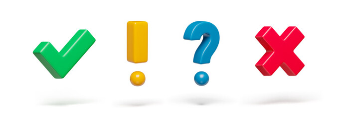Obraz premium Right, wrong and exclamation, question check marks on white set. Acceptance, rejection, interrogation and attention signs three-dimensional rendering vector illustration
