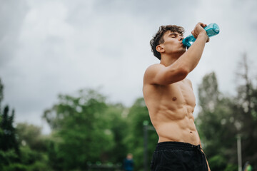 Young athletic man drinking water while exercising outdoors. Staying hydrated and fit during...