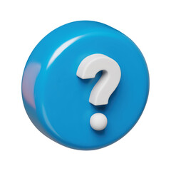 White question mark on blue round shaped 3d button. Question sign in rotating glossy circle realistic symbol three-dimensional rendering vector illustration