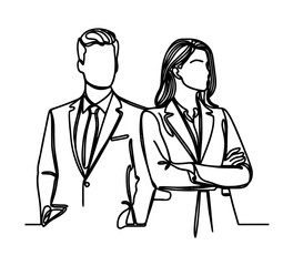  continuous line drawing of businessman and businesswoman standing