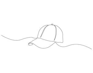 Continuous one line drawing of cap. One line drawing illustration of hiking adventure cap. Head accesories concept continuous line art. Editable outline.