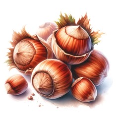 Obraz premium Watercolor illustration of hazelnuts, both in their shells and shelled, displayed on a white background. The detailed depiction highlights the nuts' smooth texture and rich brown color.