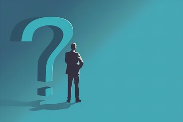 Obraz premium A businessman is standing atop a large question mark. Example of a business concept illustration, Generative AI.