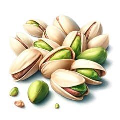 Watercolor illustration of pistachio nuts, some in their partially opened shells and others completely shelled, displayed on a white background. The artwork captures the nuts' bright green kernels and