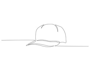 Continuous one line drawing of cap. One line drawing illustration of hiking adventure cap. Head accesories concept continuous line art. Editable outline.