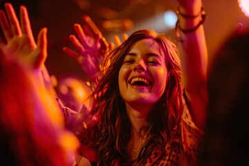 Fototapeta premium A female artist is seen performing from a low vantage point, grinning and raising her hands to the crowd as she sings, Generative AI.