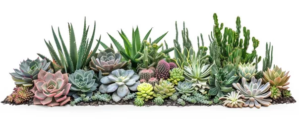 Fotobehang A beautifully arranged rooftop succulent garden featuring a diverse collection of drought-resistant plants in various shapes and sizes, thriving in a serene urban setting © wpw