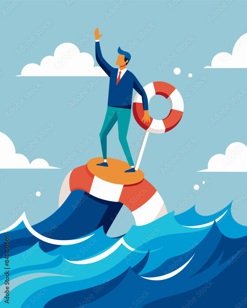 Aufkleber an image of a person standing on a rocking boat with rough seas but with a lifebuoy labeled as their