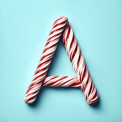 Obraz premium Christmas decoration - the letter / initial uppercase (capitalized) A in red and white candy cane sticks on a pale baby blue background - 