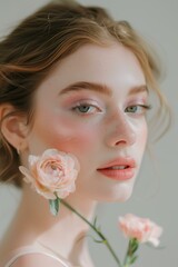 fair-skinned woman with light brown hair tied back, close-up of her face, minimalistic makeup with light purple eyeshadow, and a soft pink carnation near her cheek