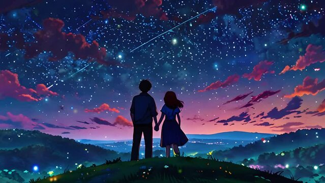 A Cute couple in night star sky view romantic time glow love passion 2D Japanese Lo-fi Purple fantasy Anime style 4K Seamless loop hip-hop chill vibes Relaxing music lofi bites vaporwave animation