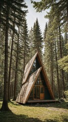 A modern triangular-shaped forest cabin in Alaska, visualized from a real source.