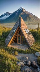 A modern triangular-shaped forest cabin in Alaska, visualized from a real source.