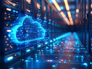 Futuristic Hightech Data Center with Holographic Cloud Interfaces and Neon Blue Lighting