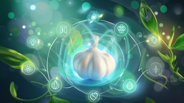 A garlic bulb is at the center of an illustration with icons of different elements, symbolizing holistic health and natural remedies
