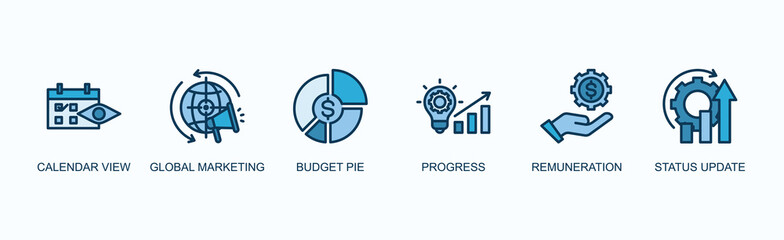 Allocation And Distribution Banner Web Icon Vector Illustration Concept With Calendar View, Global Marketing, Budget Pie, Progress, Remuneration, Status Update